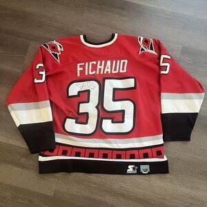Vintage Starter Eric Fichaud Carolina Hurricanes Hockey Jersey Large Autograph